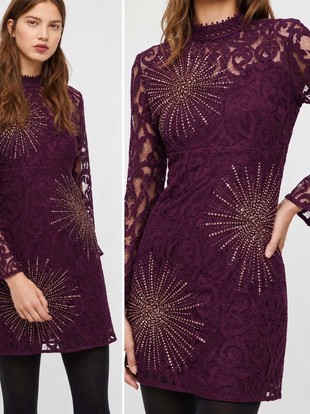 FREE PEOPLE NORTH STAR MINI SEQUIN DETAIL SHEER LACE MINI DRESS PURPLE
